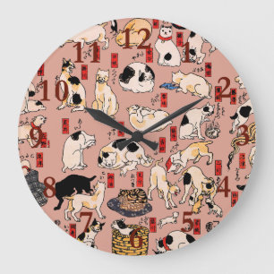 Grande Horloge Ronde Chats japonais Ukiyo-e Art drôle