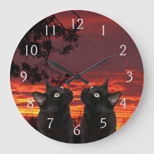 Grande Horloge Ronde Chats noirs Coucher de soleil rouge cadenas mural