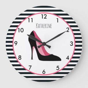 Grande Horloge Ronde Chaussure de talon haute rose et noir