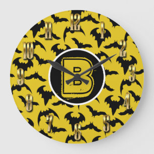 Grande Horloge Ronde Chauves-souris jaunes et noires Halloween