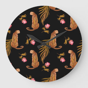 Grande Horloge Ronde Cheetahs romantiques : aquarelle motif sans coutur