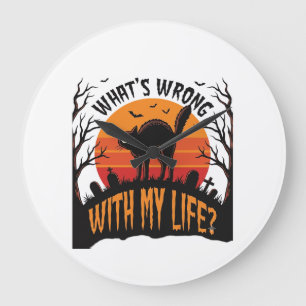 Grande Horloge Ronde Chemise de chat Halloween Vintage Drôle de vie Eff