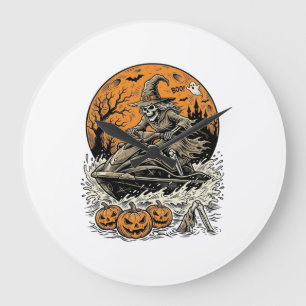Grande Horloge Ronde Chemise de jet ski Halloween sorcière squelette vi