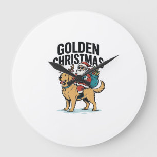 Grande Horloge Ronde Chemise de Noël dorée Santa à cheval sur Retriever