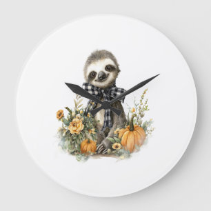 Grande Horloge Ronde Chemise de paresseux Animaux Automne Citrouille
