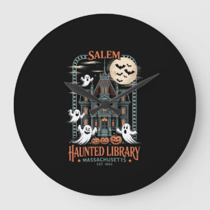 Grande Horloge Ronde Chemise d'Halloween de bibliothèque hantée pour bi