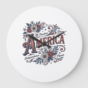 Grande Horloge Ronde Chemise Fleurie Patriotique Vintage Merica Design_