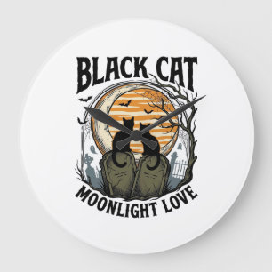 Grande Horloge Ronde Chemise Halloween Chat Noir Vintage Lune Cimetière