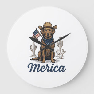 Grande Horloge Ronde Chemise Vintage Merica Cowboy Chien Drapeau Améric