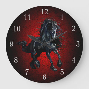 Grande Horloge Ronde Cheval friésien, étalon noir beauté granit rouge