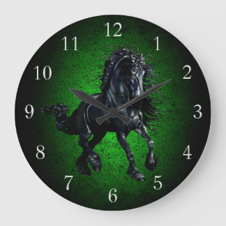 Grande Horloge Ronde Cheval friésien/étalon noir beauté granit vert