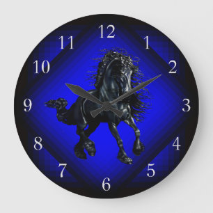 Grande Horloge Ronde Cheval friésien, étalon noir, étoile bleue