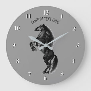 Grande Horloge Ronde Cheval sauvage noir droit - Ajouter votre texte / 