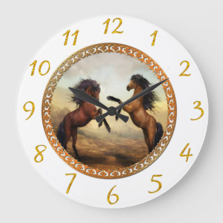 Grande Horloge Ronde Chevaux à cadre blanc et or