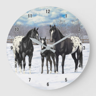 Grande Horloge Ronde Chevaux Appaloosa Noir En Neige