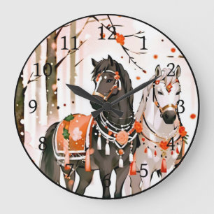 Grande Horloge Ronde Chevaux dans une forêt rouge