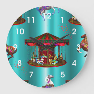 Grande Horloge Ronde Chevaux de carrousel en bleu