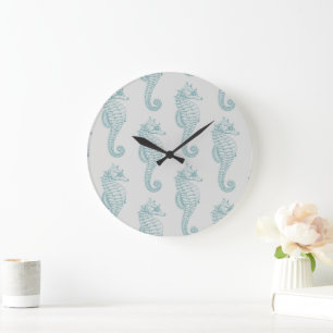 Grande Horloge Ronde Chevaux de mer tropicaux, Motif hippocampe - gris
