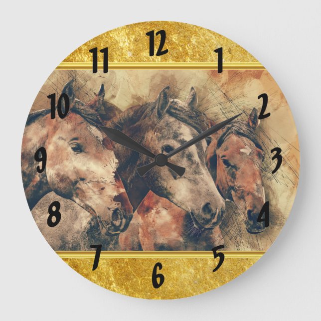 Grande Horloge Ronde Chevaux de Thoroughbred courant dans un champ (Recto)