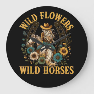 Grande Horloge Ronde Chevaux Floraux Sauvages 2026 Artistique