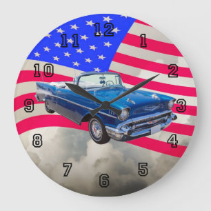 Grande Horloge Ronde Chevrolet Bel Air 1957 avec drapeau américain