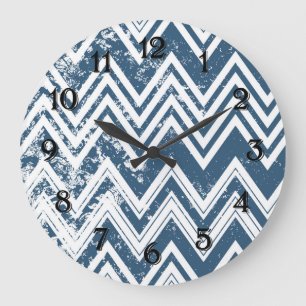 Grande Horloge Ronde Chevron Grunge Bleu et Blanc