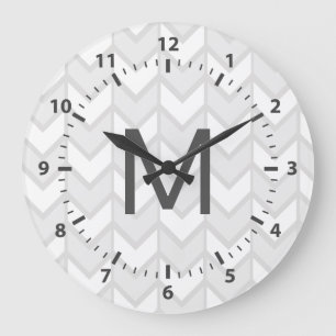 Grande Horloge Ronde Chevrons blancs et gris élégant de Bohême