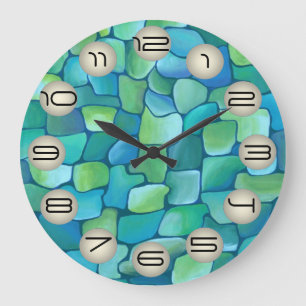 Grande Horloge Ronde Chic Artistic Green Artdeco Motif en Aquarelle