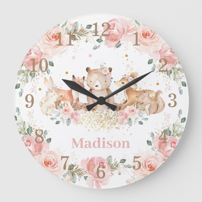 Grande Horloge Ronde Chic Bois Animaux Pastel Blush Floral Gold (Recto)