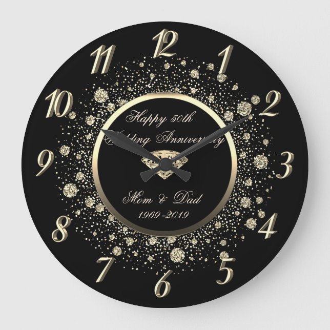 Grande Horloge Ronde Chic Gold Glitter Points 50e Anniversaire de Maria (Recto)