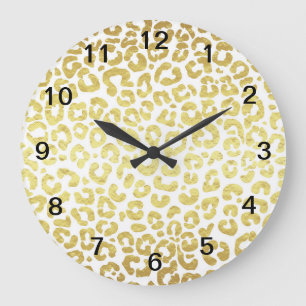 Grande Horloge Ronde Chic moderne or blanc léopard Jaguar Cheetah