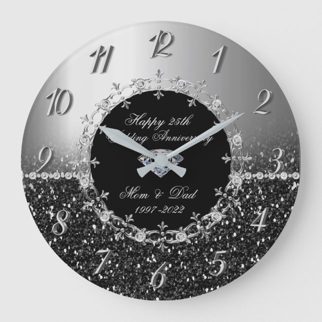 Grande Horloge Ronde Chic Silver Pailletés 25e Anniversaire de Mariage (Recto)
