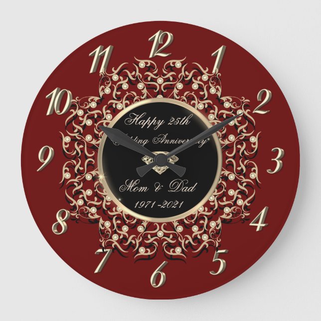 Grande Horloge Ronde Chic Swirls Red 50 Mariage Anniversaire (Recto)