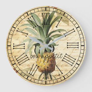 Grande Horloge Ronde Chic Vintage Français Ananas bon appétit rustique