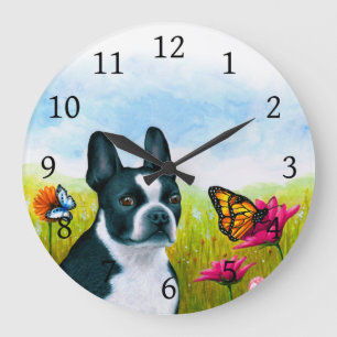 Grande Horloge Ronde Chien 134 Boston Terrier fleur papillon