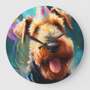 Grande Horloge Ronde Chien Airedale avec chapeau d'anniversaire et ball