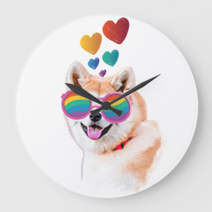Grande Horloge Ronde Chien Akita avec la Saint-Valentin coeurs 