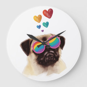 Grande Horloge Ronde Chien Carlin avec coeurs Saint-Valentin
