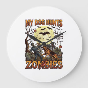 Grande Horloge Ronde Chien chasse les zombies Halloween Berger allemand