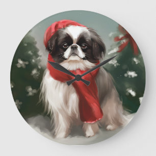Grande Horloge Ronde Chien chinois japonais à Noël de neige