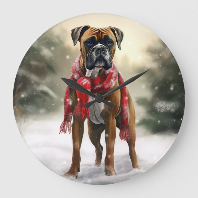 Grande Horloge Ronde Chien de boxe en Noël de neige (Recto)