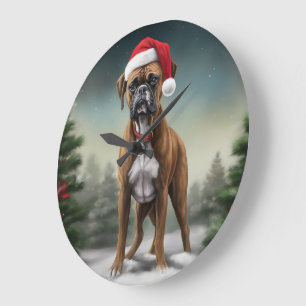 Grande Horloge Ronde Chien de boxe en Noël de neige