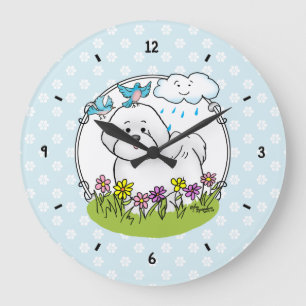 Grande Horloge Ronde Chien de levure Bichon de printemps avec fleurs -