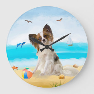 Grande Horloge Ronde Chien de Papillon sur la plage