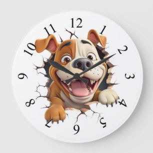 Grande Horloge Ronde Chien fantaisiste au mur fissuré tout