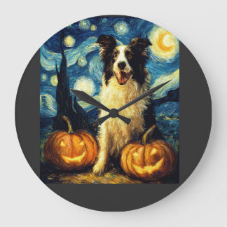Grande Horloge Ronde Chien mignon Border Collie Halloween Jack O Lanter