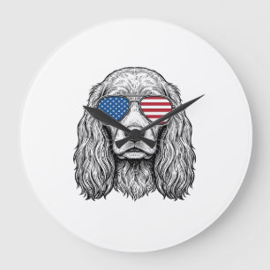 Grande Horloge Ronde Chien Patriotique avec Lunettes de Soleil Drapeau