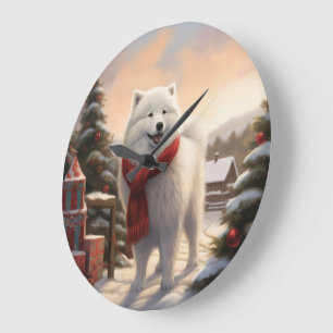 Grande Horloge Ronde Chien Samoyé à Noël de neige