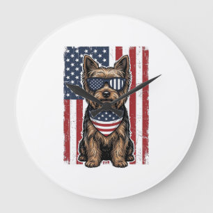 Grande Horloge Ronde Chien Terrier Patriotique Dessin Vectoriel Drapeau