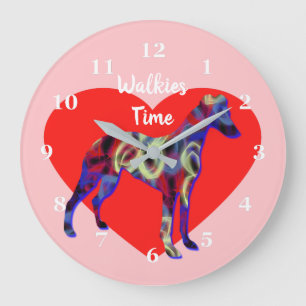 Grande Horloge Ronde Chien Whippet Silhouette Saint Valentin rose